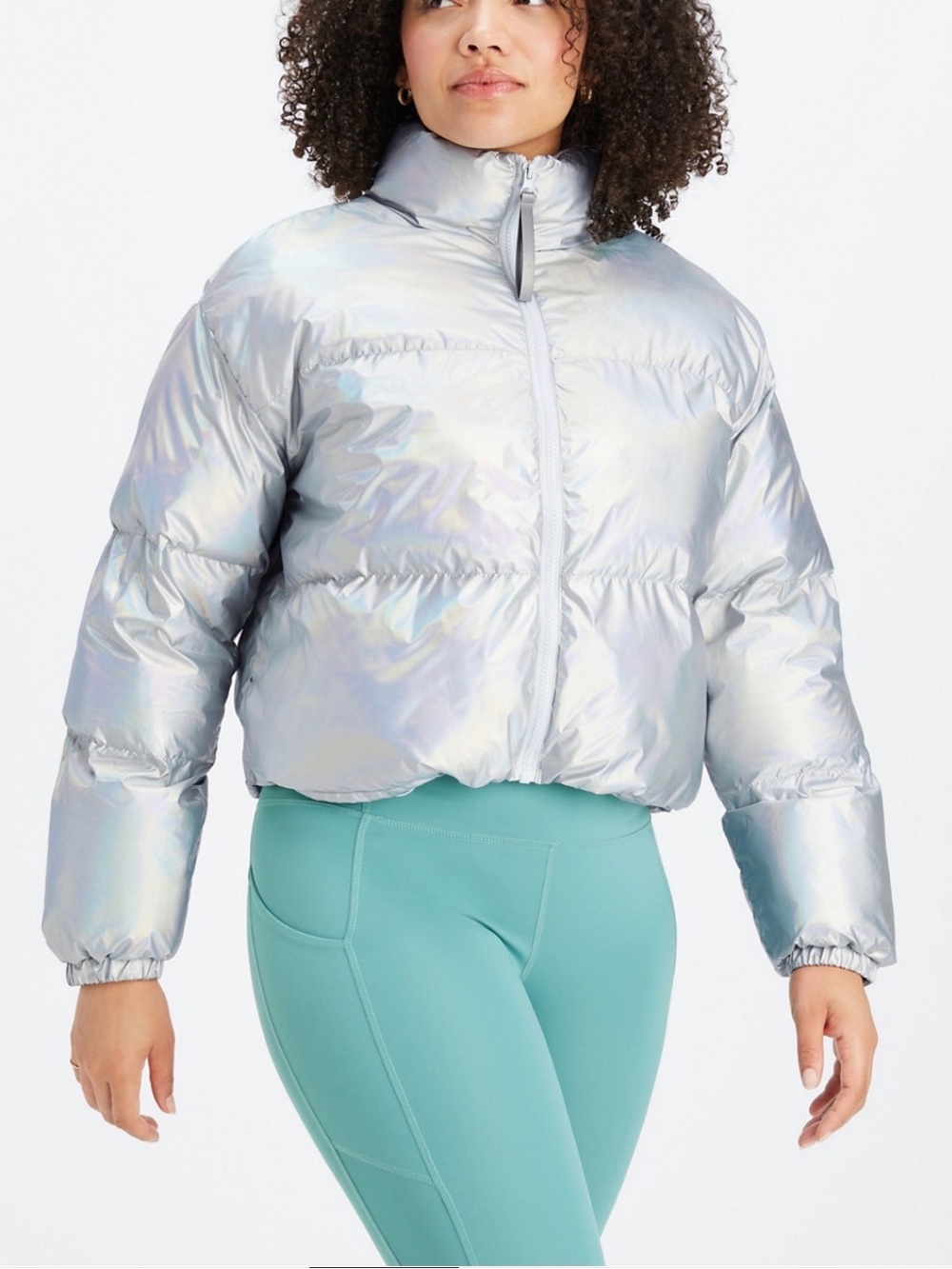 Fabletics Iridescent Silver Holographic Puffer Jacket